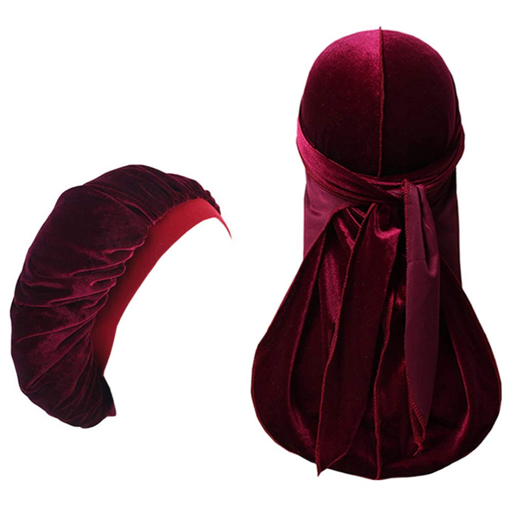 Velvet Durag and Bonnet Set,Durags for Men,Matching Bonnets and Durags,Long Tail Do Rag Women Sleeping Cap