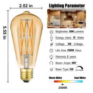 LEOOLS Dimmable Vintage LED Edison Bulbs 12W ,Equivalent 100 Watt, 2500K Warm White(Amber Gold Glass), E26 Base, Decorative Antique Shape, Squarrel Cage Filament Vintage Light Bulb, 2-Pack