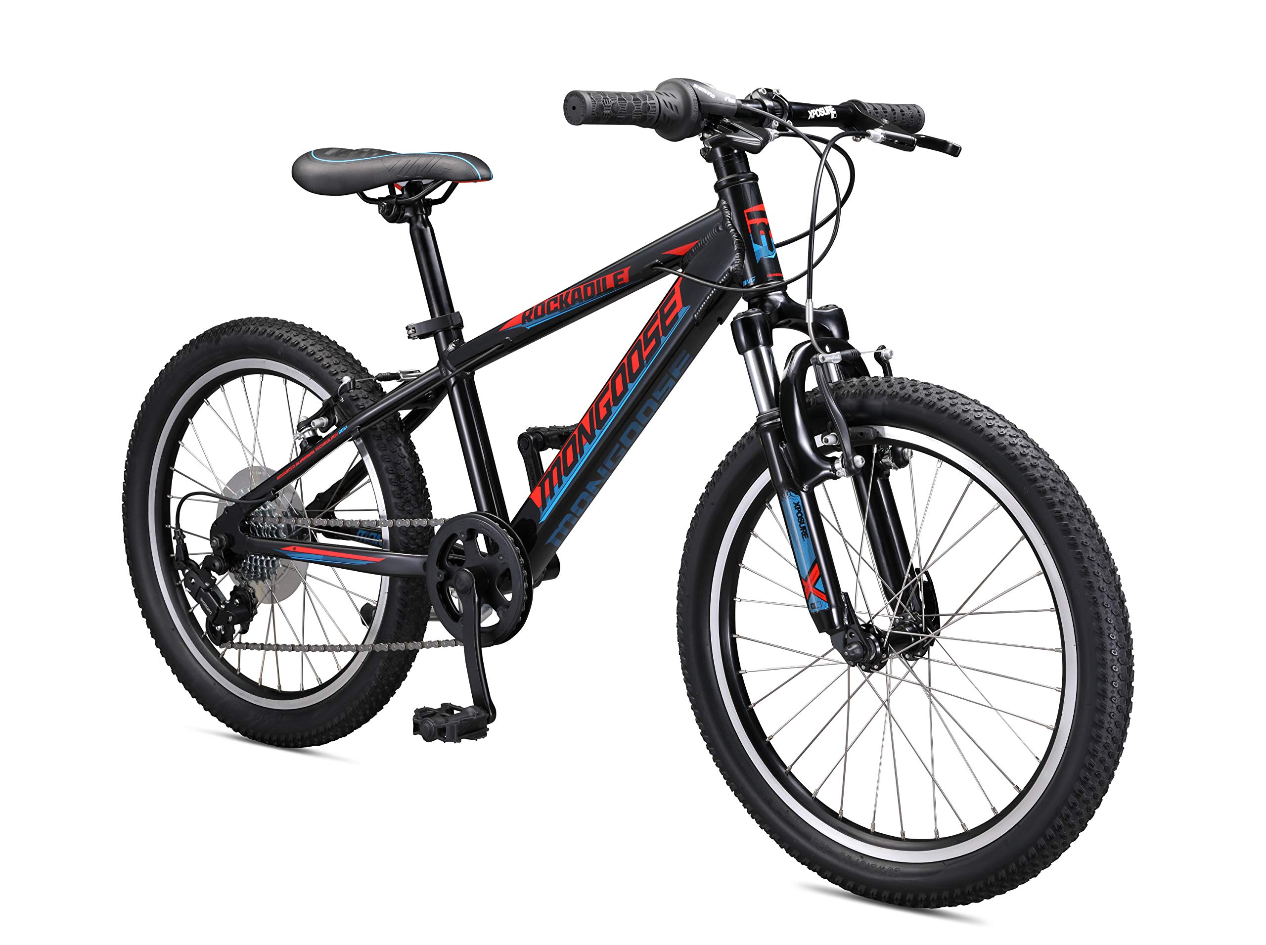 Mongoose Rockadile Kids Hardtail Mountain Bike, 20-Inch Wheels, Aluminum Step-Over Frame, 7-Speed Drivetrain, Black