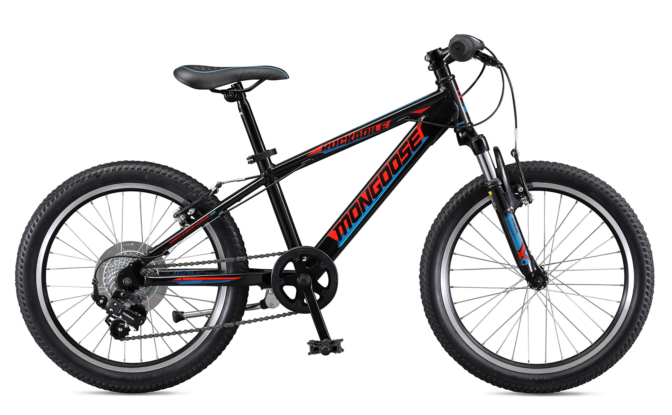 Mongoose Rockadile Kids Hardtail Mountain Bike, 20-Inch Wheels, Aluminum Step-Over Frame, 7-Speed Drivetrain, Black