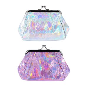 Oyachic 2 PCS Pretty Coin Purse,Cute Hologram Change Purse,Small Leather Wallet with Clasp Pouch for Woman Girls