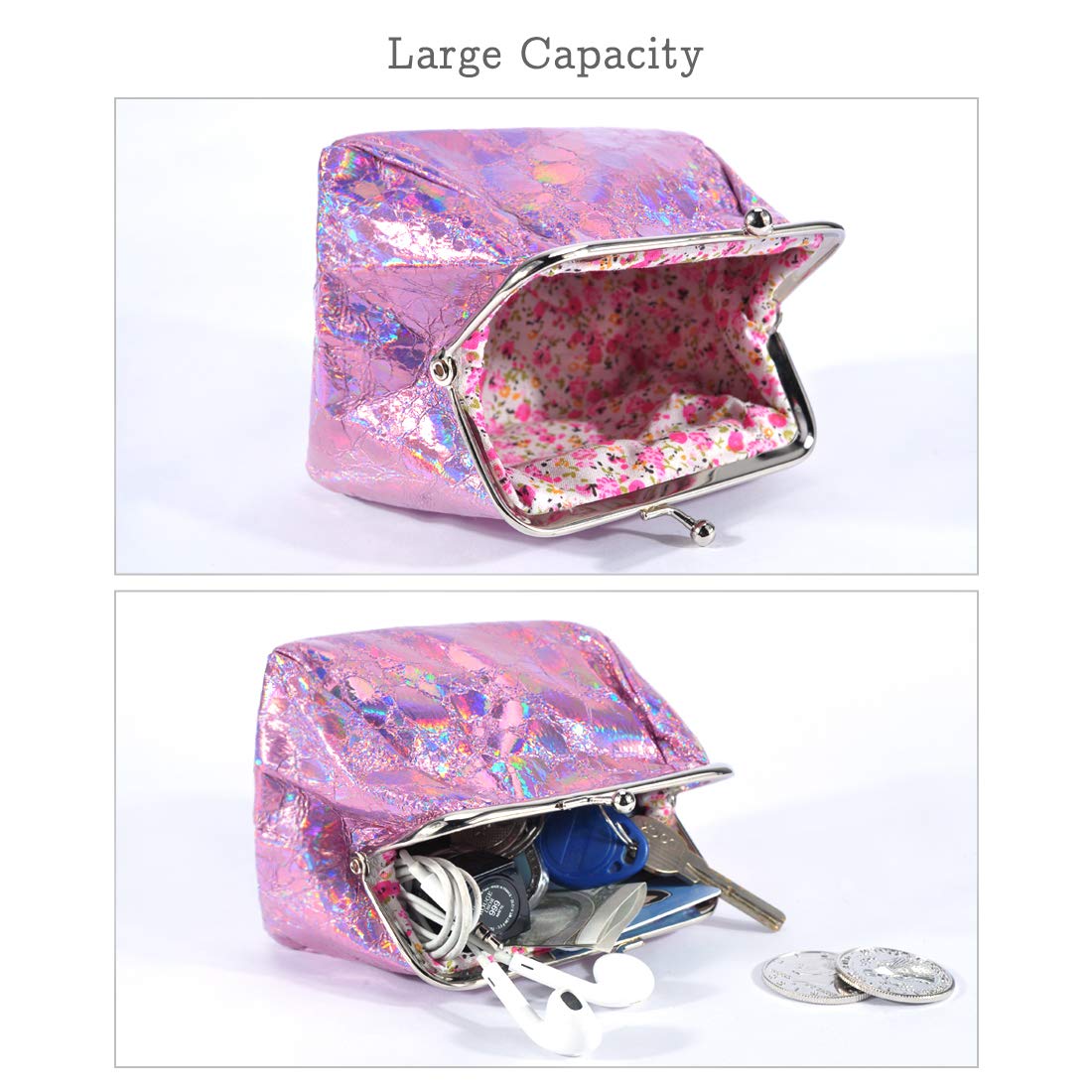 Oyachic 2 PCS Pretty Coin Purse,Cute Hologram Change Purse,Small Leather Wallet with Clasp Pouch for Woman Girls