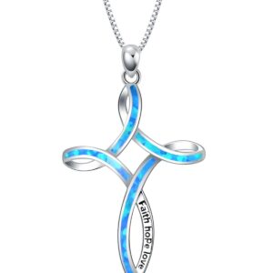 WINNICACA Opal Cross Necklace for Women 925 Sterling Silver Celtic Blue Fire Opal Cross Pendant Necklaces Faith Hope Love Christian Jewelry Gifts for Women Daughter Her Lover Birthday Gifts