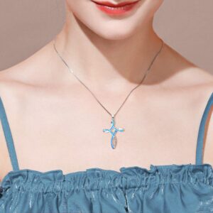 WINNICACA Opal Cross Necklace for Women 925 Sterling Silver Celtic Blue Fire Opal Cross Pendant Necklaces Faith Hope Love Christian Jewelry Gifts for Women Daughter Her Lover Birthday Gifts