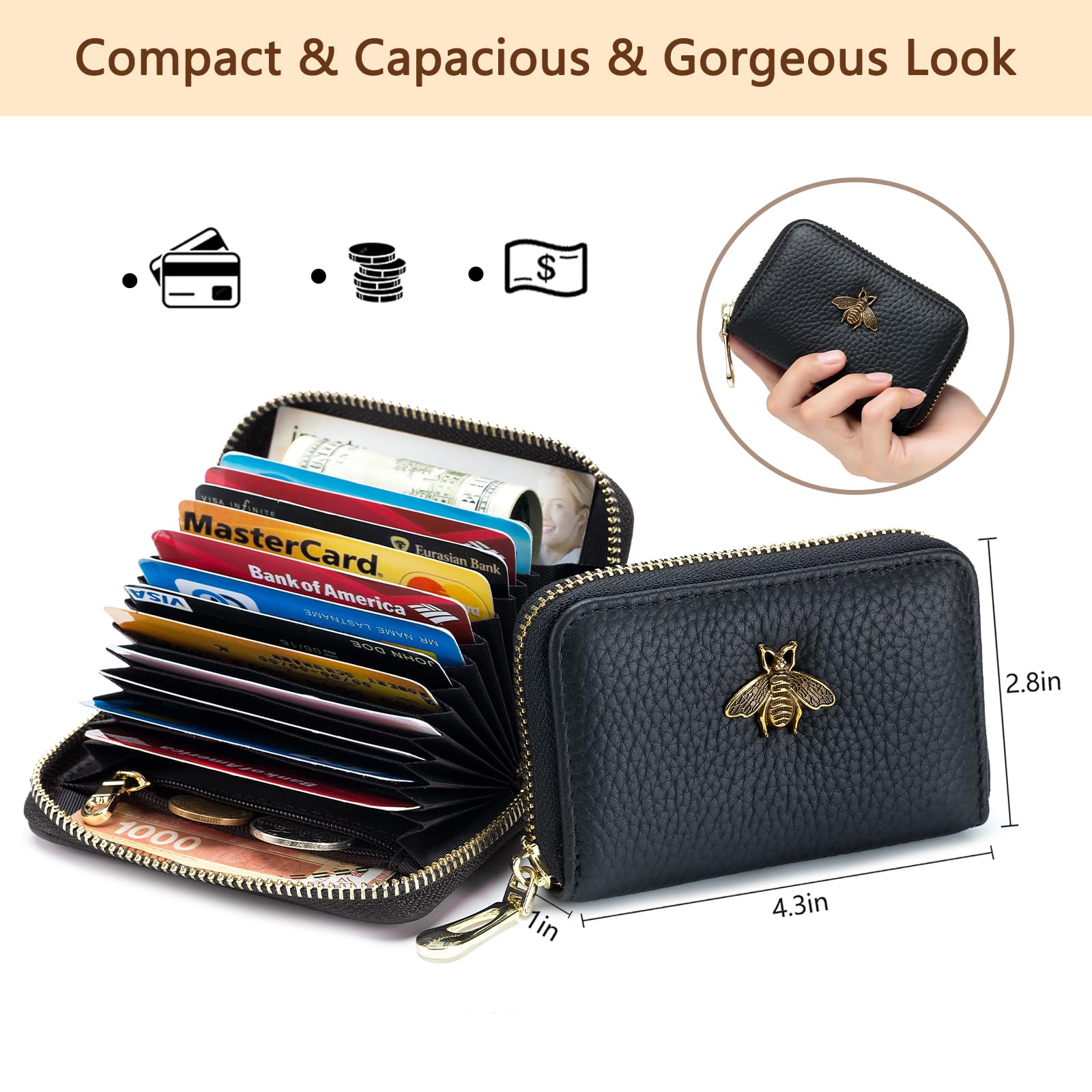 imeetu RFID Credit Card Holder, Small Leather Zipper Card Case Wallet for Women(Black)