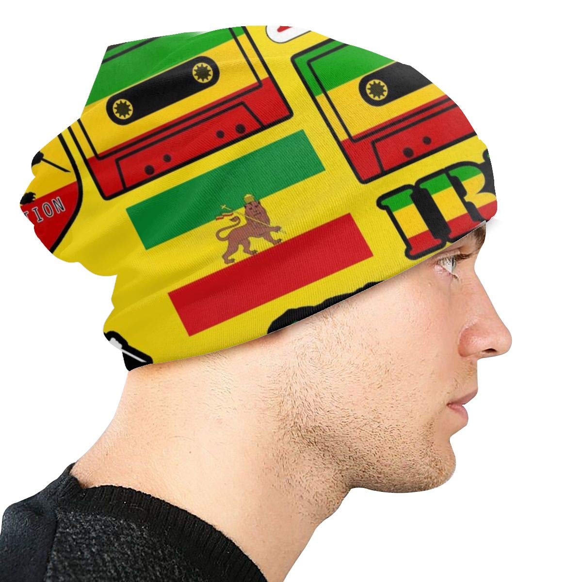 YongColer Women Men Rasta Lion Jamaican Reggae Flag Map Magnetic Tape Beanie Cap Stretch Beanie Hat Casual Hip-hop Skullcap Large Baggy Oversized Knit Hat for Daily Travel Hiking Running