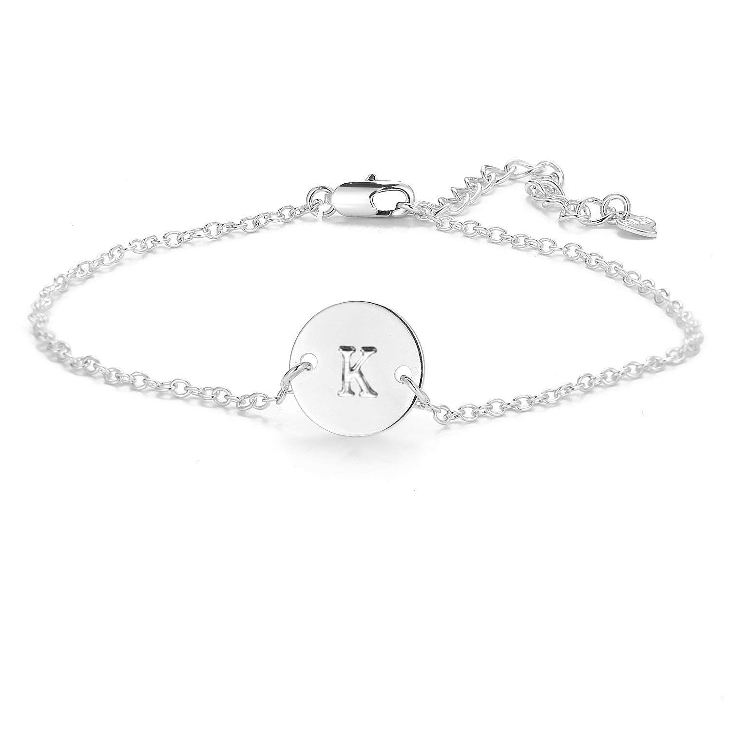 YANCHUN Silver K Initial Bracelet for Women Adjustable Round Disc Alphabet Letters Bracelet for Girls (K)