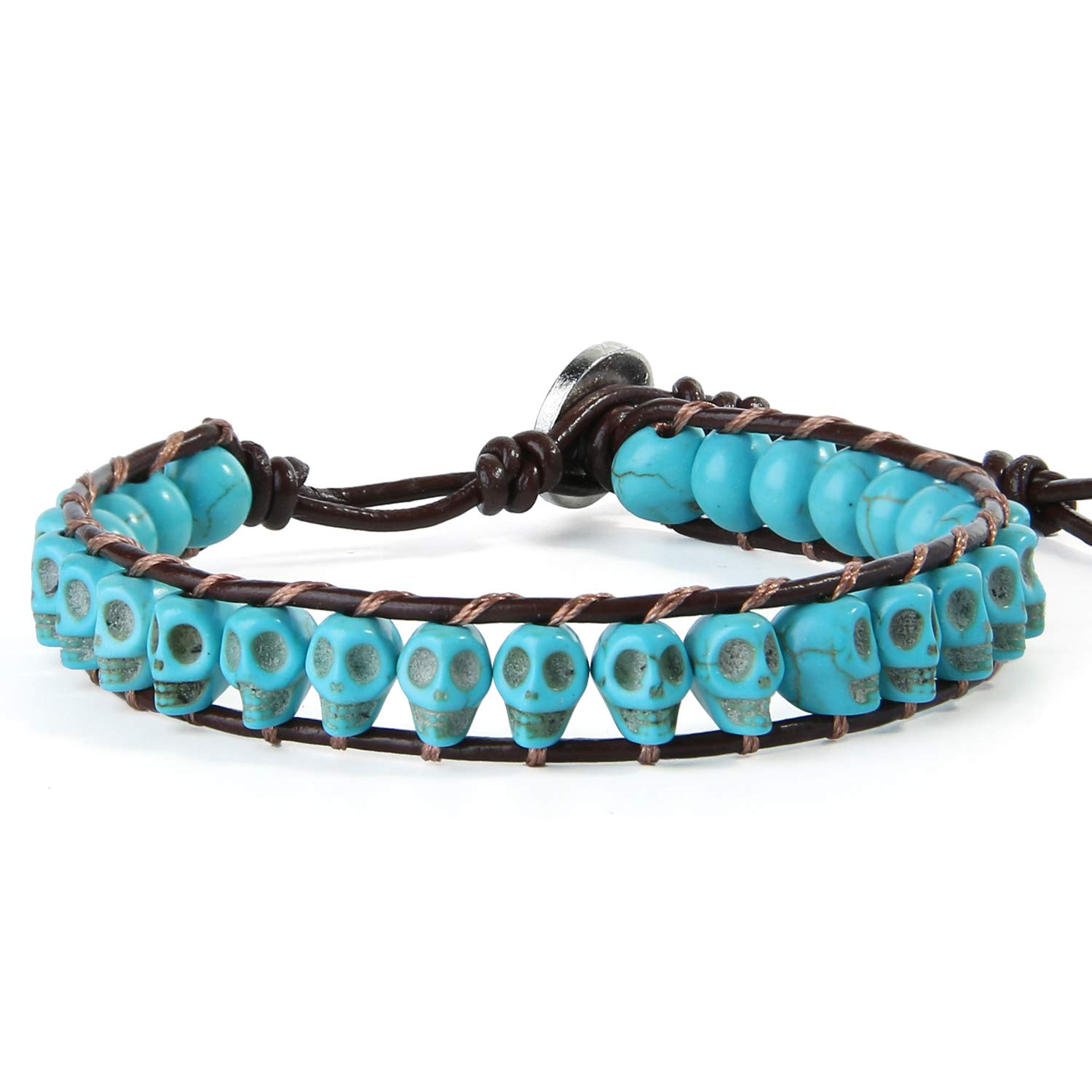 KELITCH New Turquoise Bracelets Skull Beaded Wrap Bracelet on Brown Leather Bracelets Handmade Jewelry