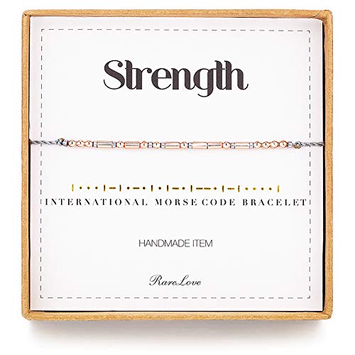 RareLove Strength Morse Code Bracelets Be Strong Inspirational Encouragement Friendship Gift For Women Tiny Beads Grey String Bracelet