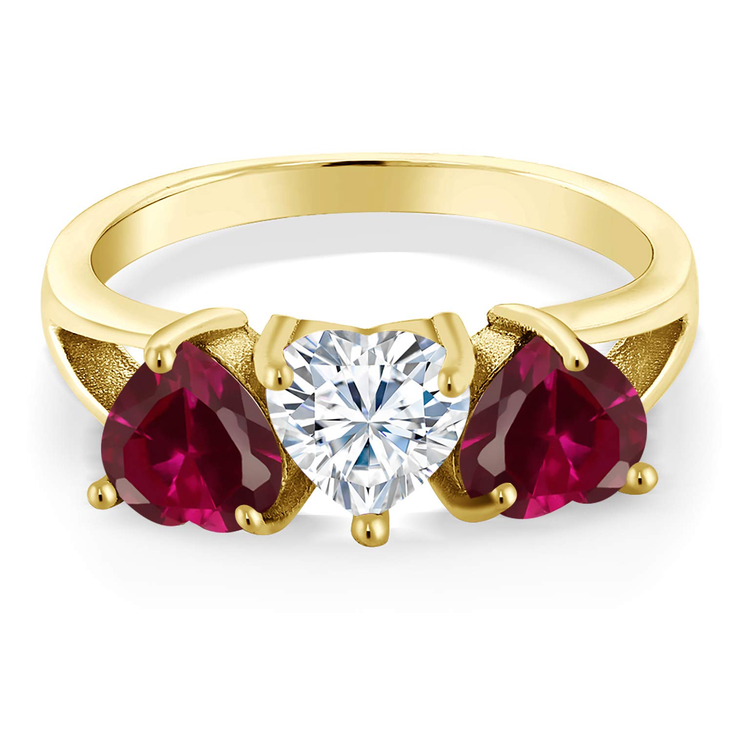 Gem Stone King 18K Yellow Gold Plated Silver 3-Stone Ring Near Colorless Heart Shape 2.72cttw Moissanite and Created Ruby (Size 7)