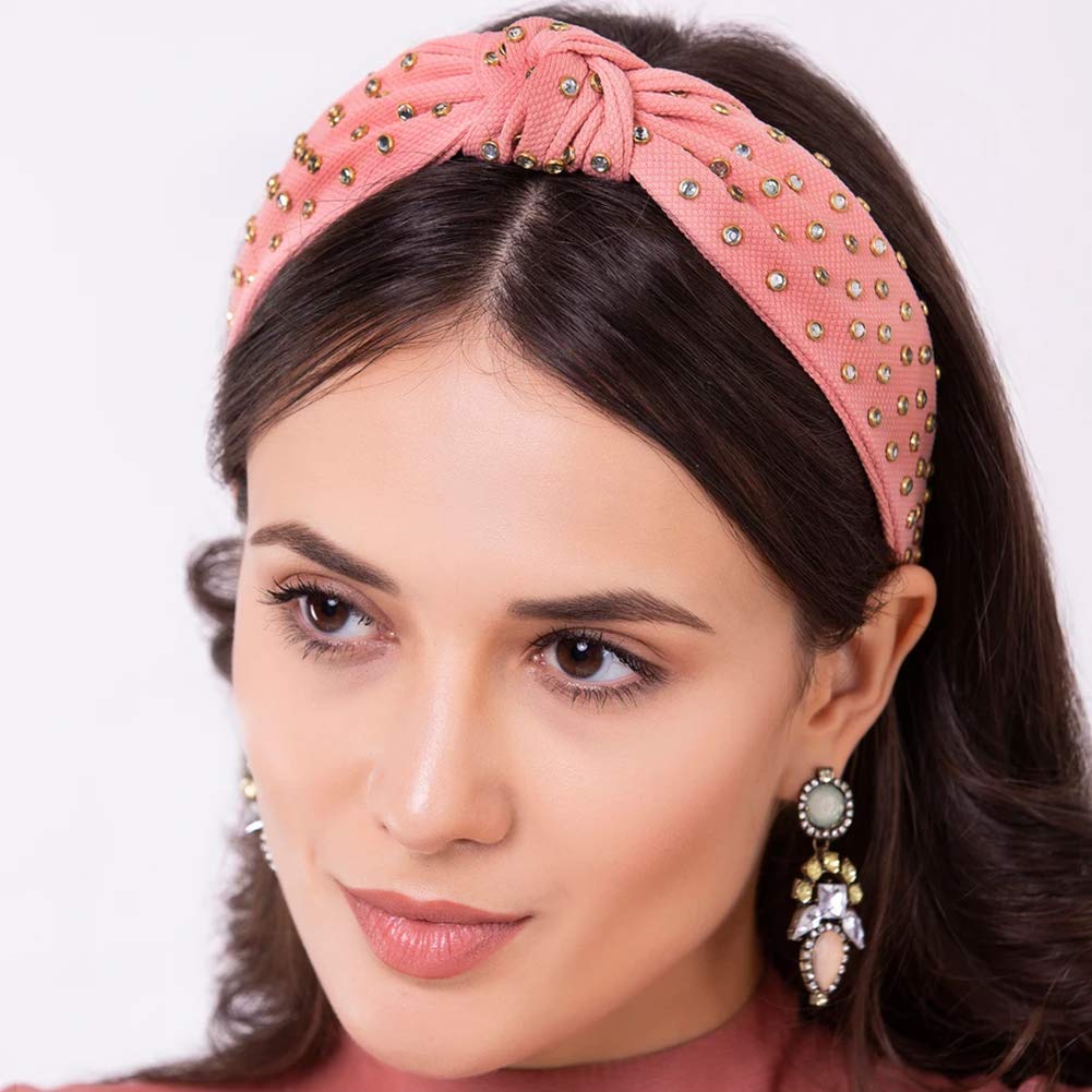 Pearl Knotted Headbands for Women Hair Twist Rhinestone Top Knot 2PCS Wide Band Fashion Cute Studs Hair Hoop Headbands For Adult Girl Vintage Hairband