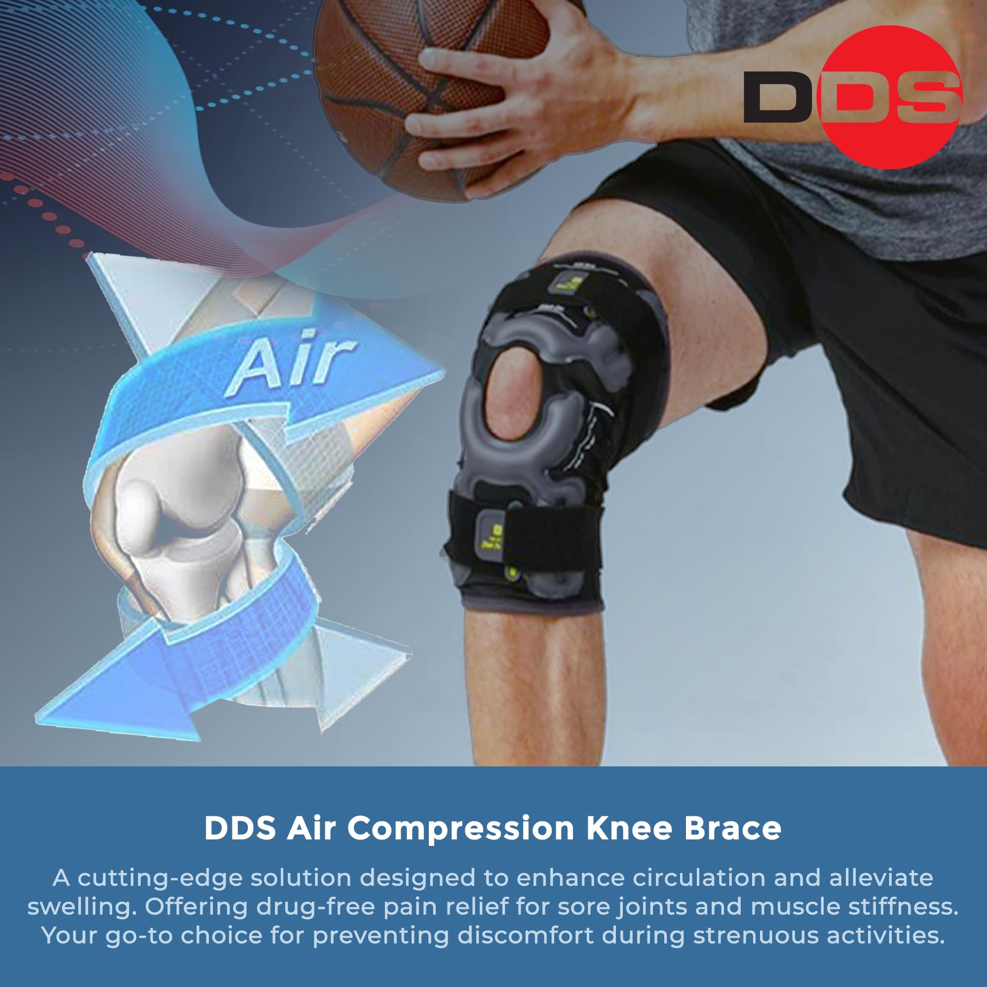 DDS Air Pneumatic Compression Knee Brace - Relief for Sore Joints, Muscle Stiffness and Meniscus Pain. Compression Sleeve for Sports and Exercise, Improve Circulation, Reduce Knee Pain & Swelling (L)