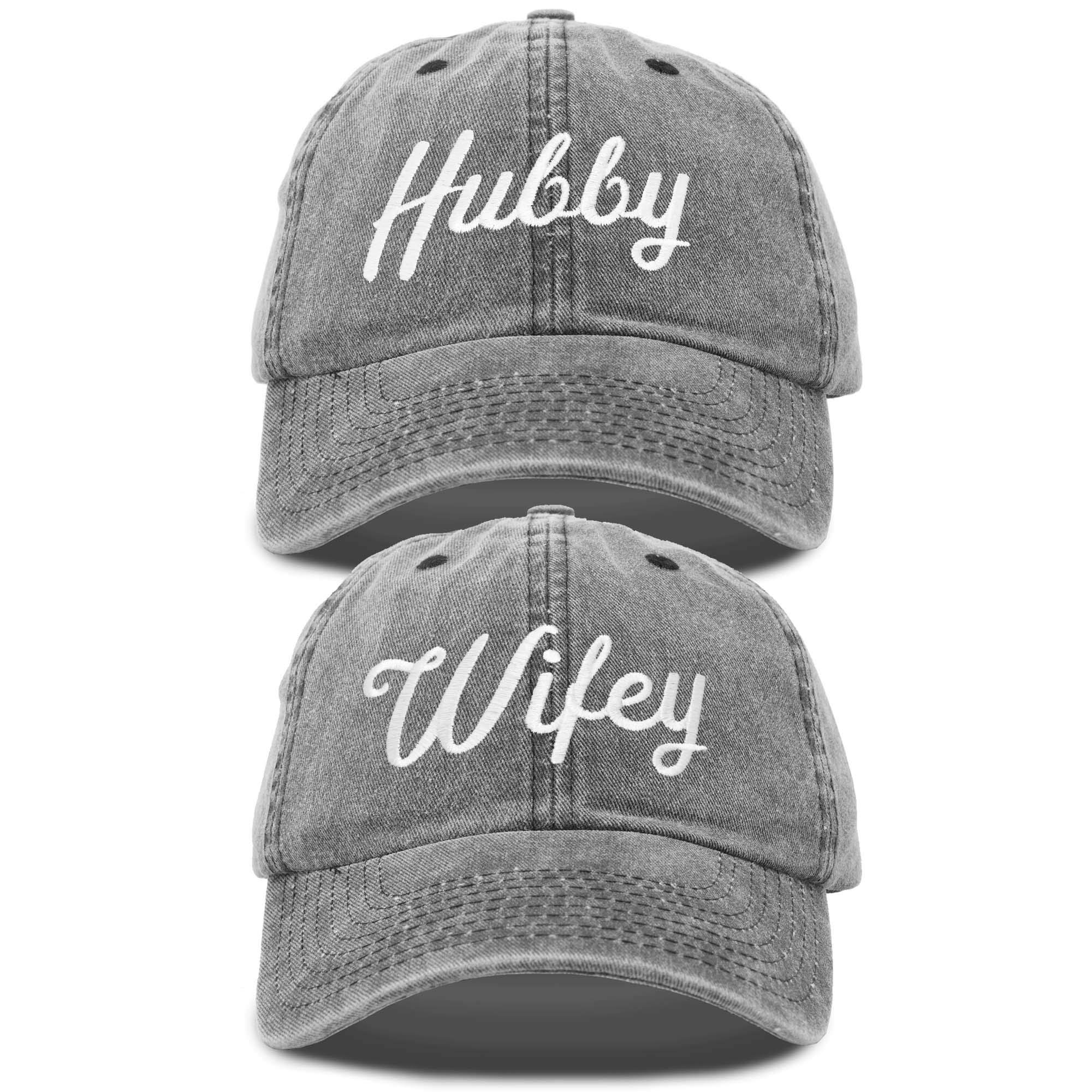 DALIX Wifey Hubby Couples Dad Hats Baseball Caps Gift Set of 2 in Washed Black