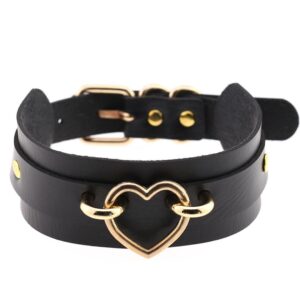 leather choker collar punk gothic choker necklace for men women girls (gold heart)