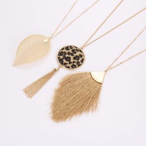 LENOOCLE Long Necklace for Women Tassel Pendant Necklace Leaf Necklace Leopard Print Leather Y Shape Lariat Sweater Necklace Set