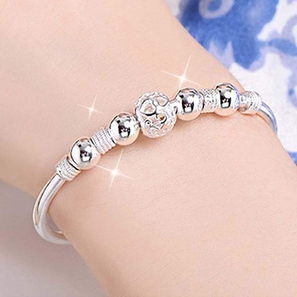 BONYOUN smallwoodi Bangle Bracelet, Hollow Bead Charm Bracelet Bangle Fashion Women Adjustable Party Women's 925 Sterling Similar Silver beads Jewelry for Men for Women Silver