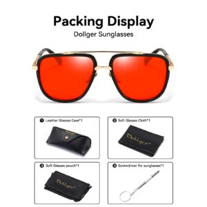 Dollger Oversized Square Aviator Sunglasses for Men Classic Retro Large Frame Red Lens Sunglasses