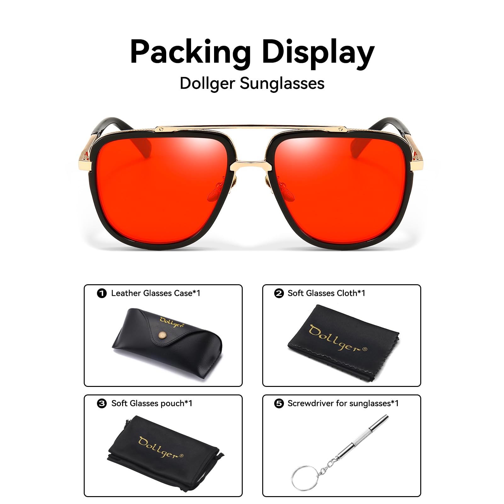 Dollger Oversized Square Aviator Sunglasses for Men Classic Retro Large Frame Red Lens Sunglasses