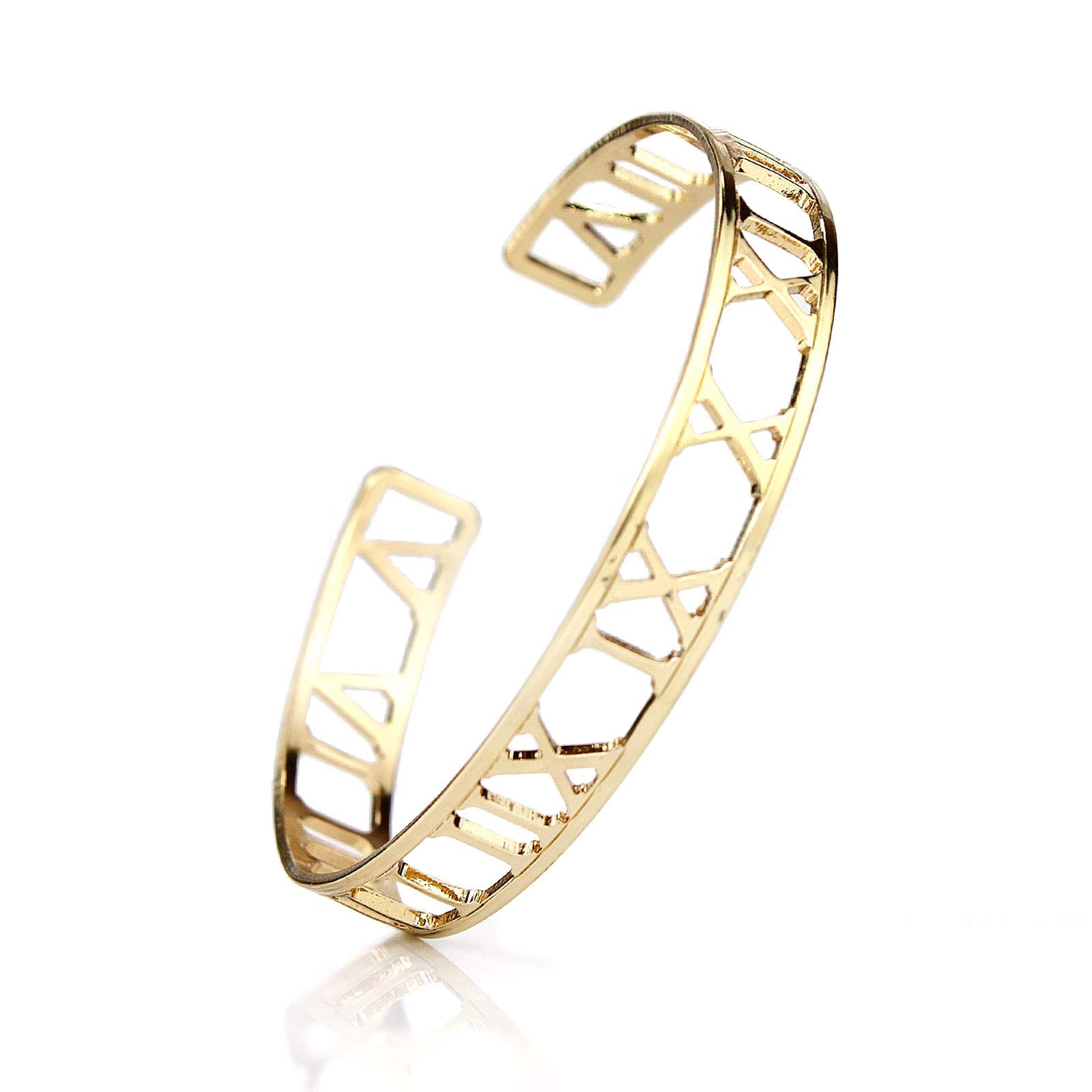 POMINA Roman Numeral Cuff Bangle Bracelet for Women Fashion Gold Flat Thin Open Cuff Bracelet for Teen, Flexible (Roman- Gold)