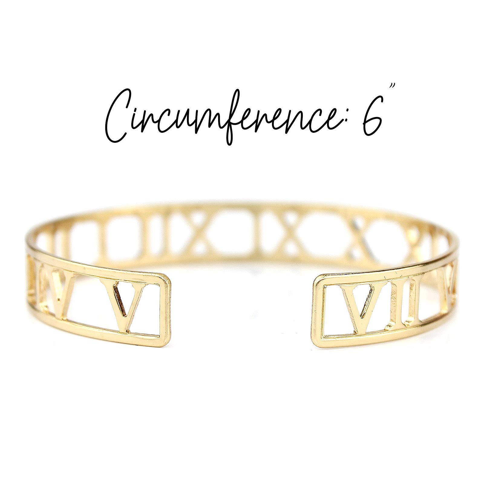 POMINA Roman Numeral Cuff Bangle Bracelet for Women Fashion Gold Flat Thin Open Cuff Bracelet for Teen, Flexible (Roman- Gold)