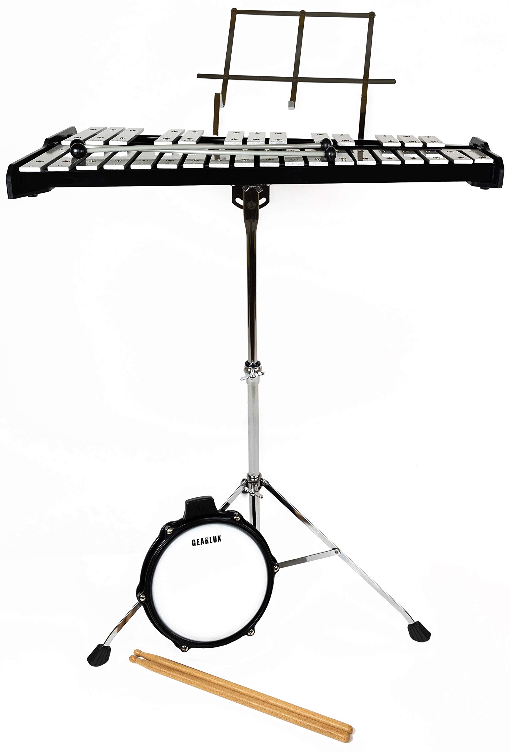 Gearlux 32-Note Glockenspiel Bell Kit with 8" Practice Pad, Stand, Music Rest, Mallets, Drum Sticks, and Gig Bag