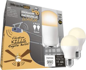 miracle led 602748 rough service long-lasting light bulb garage doors, ceiling fans, and much more (2-pack), warm white