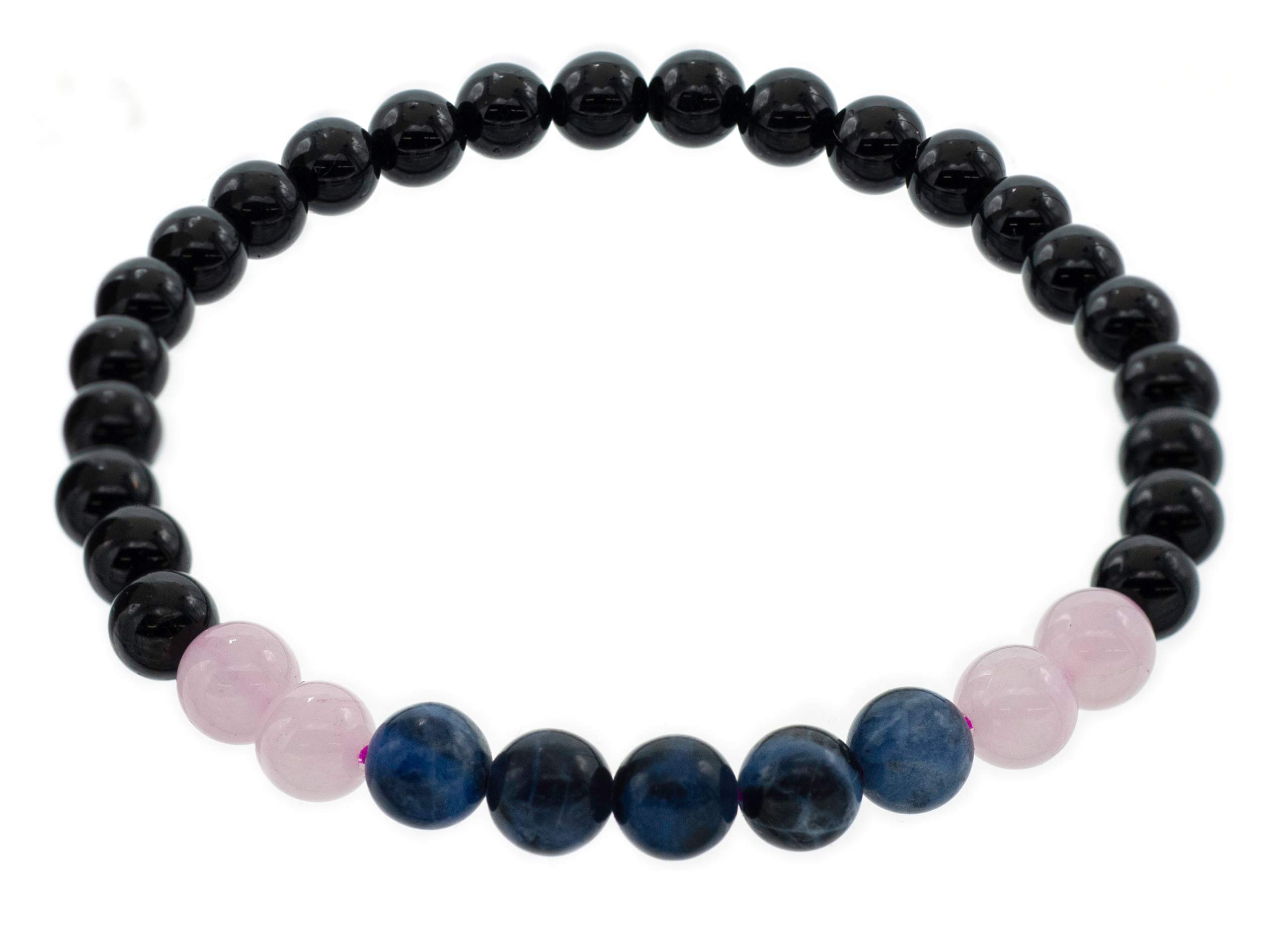 LTC Designs 6mm Black Tourmaline Metaphysical Healing Yoga Stretch Bracelet Accented with Sodalite and Rose Quartz for of Calmness, Love and Protection, 7.5" for Men, Women, and Teens