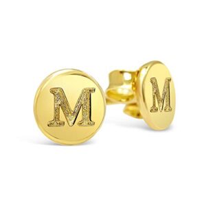 latisoro 925 solid sterling gold plated tiny round letter "m" initial a-z circle stud mini earrings