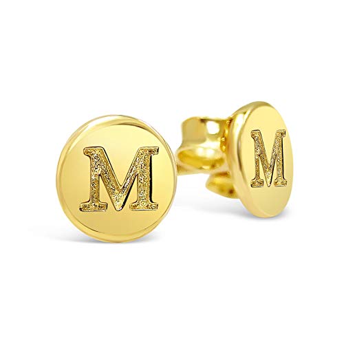 LaTisoro 925 Solid Sterling Gold Plated Tiny Round Letter "M" Initial A-Z Circle Stud Mini Earrings