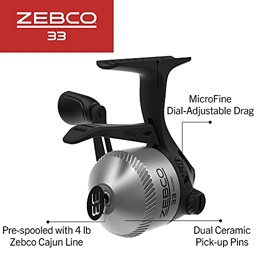 Zebco 33 Micro Trigger Spincast Fishing Reel, Size 10 Reel, Changeable Right- or Left-Hand Retrieve, Built-in Bite Alert, All-Metal Gears, Pre-Spooled with 4-Pound Zebco Cajun Line, Silver/Black