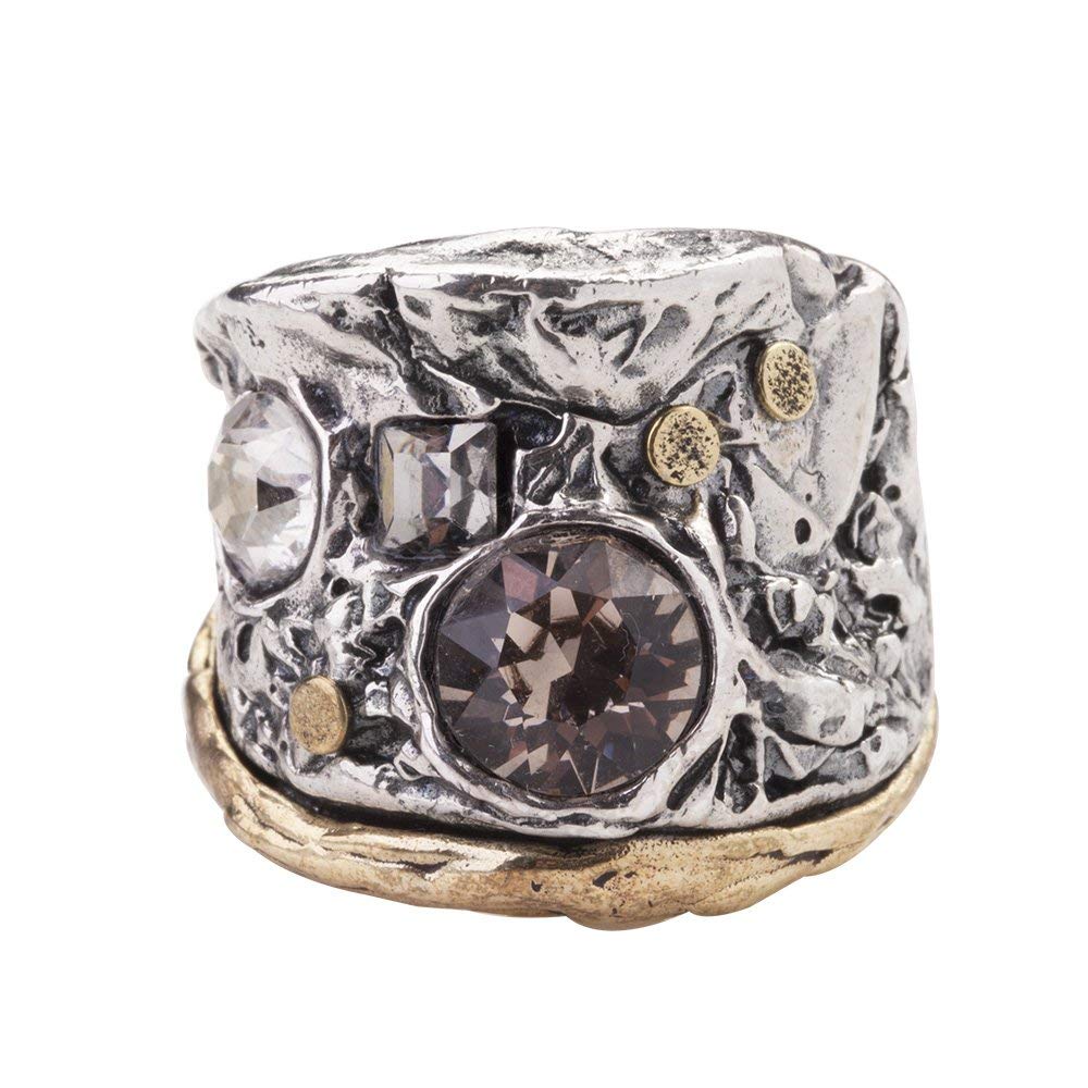 Waxing Poetic Melange Convergence Band Sterling Silver, Brass and Swarovski Crystals Statement Ring