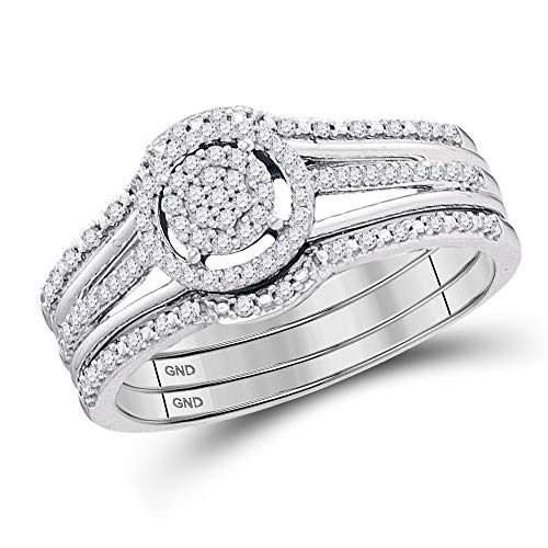 FB JEWELS 10K White Gold Womens Round Diamond Cluster 3 Piece Bridal Wedding Engagement Ring Band Set 1/4 Cttw Size 7