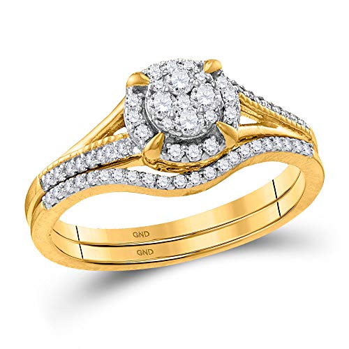 FB JEWELS 10K Yellow Gold Round Diamond Cluster Bridal Wedding Engagement Ring Band Set 1/3 Cttw Size 5