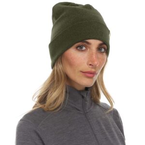 100% Merino Wool Ridge Cuff Beanie - Unisex Warm Winter Hat - Olive Drab