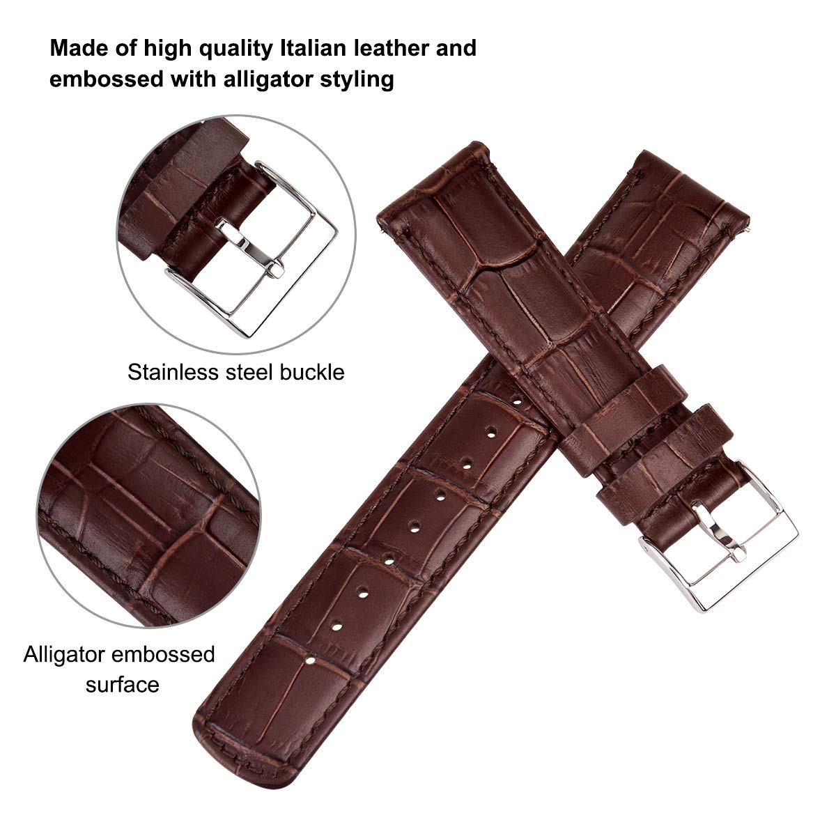 Ritche Genuine 22mm Alligator Grain Watch Band Classic Vintage Quick Release Watch Straps Dark Brown crocodile Leather Watch Bands for Men Women, Valentine's day gifts for him or her