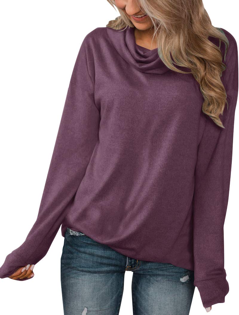 Minthunter Women's Long Sleeve Pullovers Cowl Neck Tunic Shirt Casual Sweatshirt Tops Wine Red