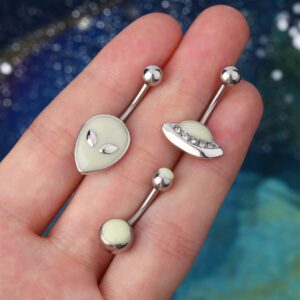 COCHARM 3PCS Halloween Alien Belly Button Rings Glow in the Dark 14G UFO Belly Navel Piercing Jewelry