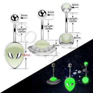 COCHARM 3PCS Halloween Alien Belly Button Rings Glow in the Dark 14G UFO Belly Navel Piercing Jewelry