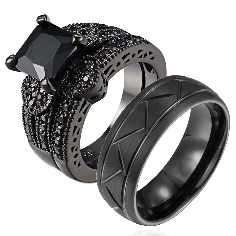 LOVERSRING Two Rings His and Hers Couple Ring Bridal Set His Hers 3pc Women Black Gold Plated Black Cz Man Stainless Steel Wedding Ring Band Set