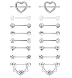 finrezio 8 pairs 14g nipple rings 316l surgical steel heart cz tongue barbell body piercing shield ring set 5/8 inches(silver tone)