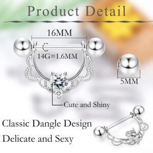 FINREZIO 8 Pairs 14G Nipple Rings 316L Surgical Steel Heart CZ Tongue Barbell Body Piercing Shield Ring Set 5/8 Inches(Silver tone)