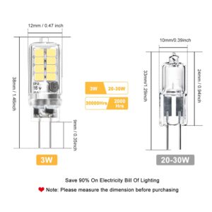 Umleeddlt G4 LED Bulb 3W Equivalent to 20W 30W Halogen Bulbs, Daylight White 6000K 360° Beam Angle AC/DC 12V G4 Bi-Pin LED Light Lamp, Not Dimmable,10 Pack