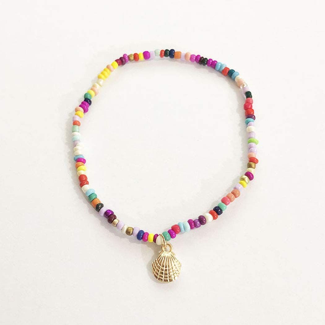 Boho Beaded Anklet Bracelet Gold Shell Anklet Chain Colorful Beaded Foot Jewelry Anklet for Women