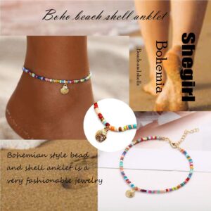 Boho Beaded Anklet Bracelet Gold Shell Anklet Chain Colorful Beaded Foot Jewelry Anklet for Women