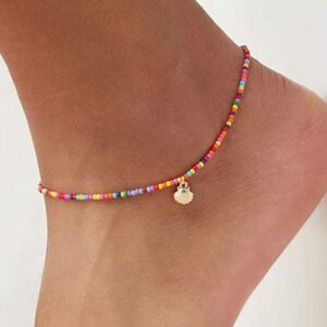 Boho Beaded Anklet Bracelet Gold Shell Anklet Chain Colorful Beaded Foot Jewelry Anklet for Women