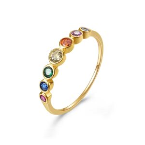 E Gold Ring for Women Rainbow Eternity Jewelry Rings Band Colorful Round Cubic Zirconia CZ Wedding Rings Dainty 14K Gold Rings for Women (round cz,6)