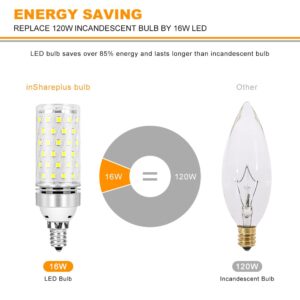 inShareplus E12 LED Bulbs, 16W Candelabra Light Bulbs, Daylight 6000K, 120W Equivalent 1500LM, CRI80+, E12 Base LED Chandelier Bulbs, Non-Dimmable LED Lamp, 6Pack