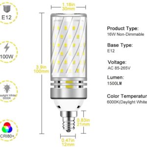 inShareplus E12 LED Bulbs, 16W Candelabra Light Bulbs, Daylight 6000K, 120W Equivalent 1500LM, CRI80+, E12 Base LED Chandelier Bulbs, Non-Dimmable LED Lamp, 6Pack