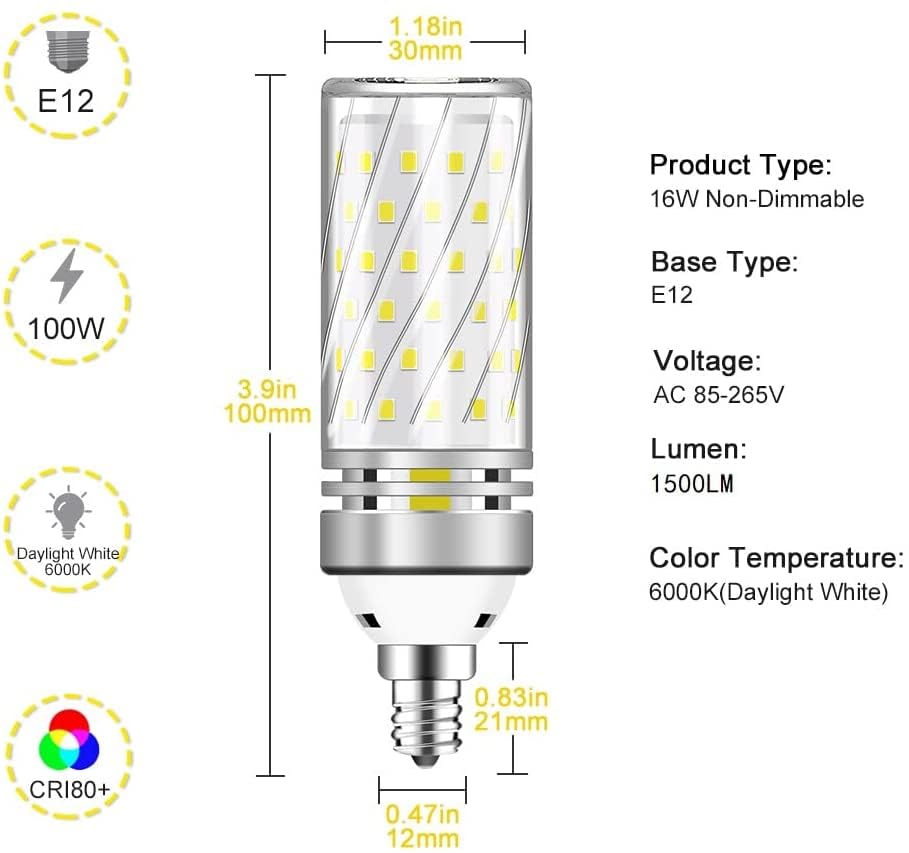 inShareplus E12 LED Bulbs, 16W Candelabra Light Bulbs, Daylight 6000K, 120W Equivalent 1500LM, CRI80+, E12 Base LED Chandelier Bulbs, Non-Dimmable LED Lamp, 6Pack