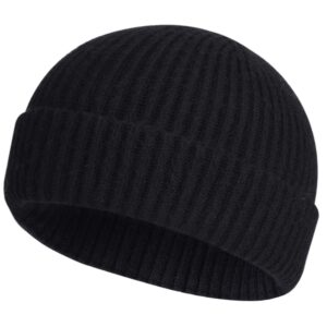 roybens swag wool knit cuff short fisherman beanie for men women, winter warm hats, black